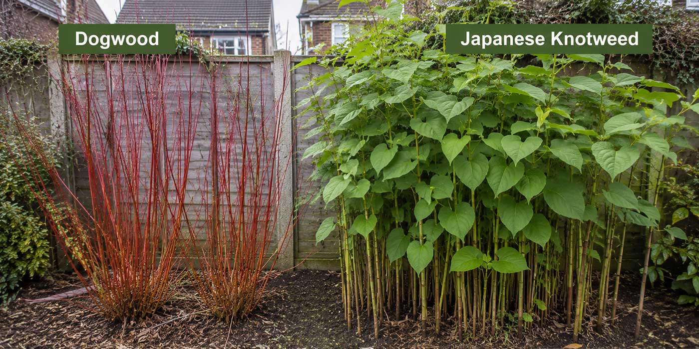 Dogwood shrub beside Japanese knotweed growth in a UK garden