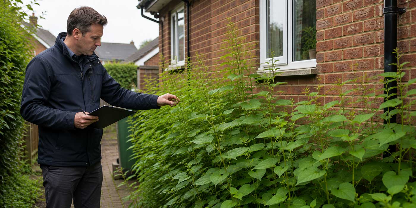 Surveyor inspecting knotweed beside a suburban house