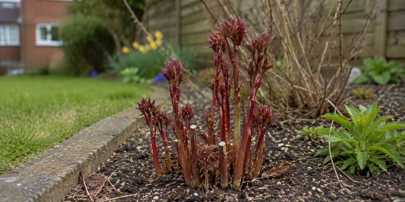 Young reddish lilac shoots emerging during spring